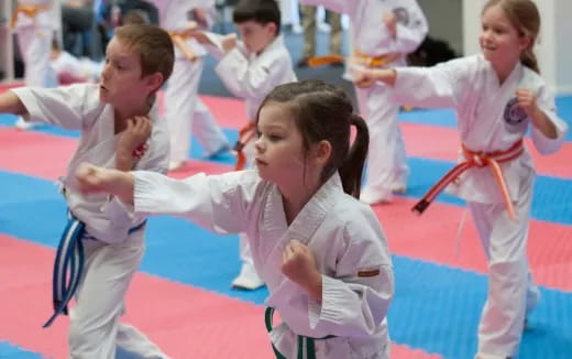 a group of people in karate uniforms