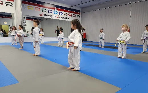 a group of children in karate uniforms