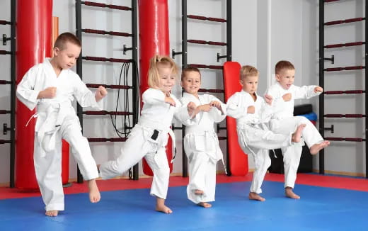 a group of children in karate uniforms