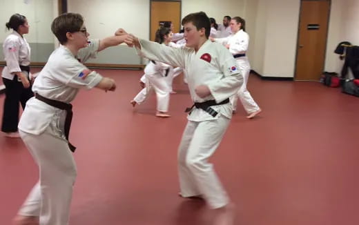 a group of people in karate uniforms