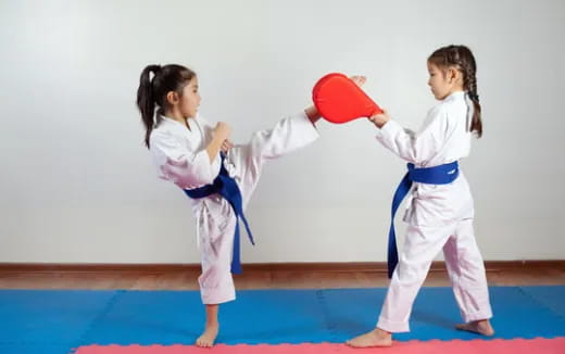 a couple of girls in karate uniforms