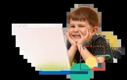 a boy with his hands on his face looking at a laptop