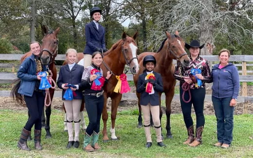 a group of people standing next to horses