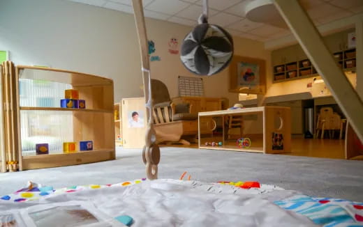 a room with a fan and toys