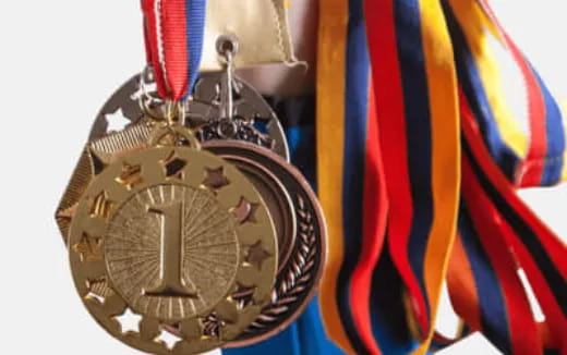 a medal with a flag in the background