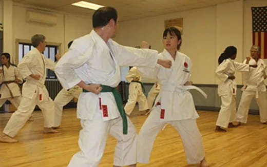 a group of people in karate uniforms