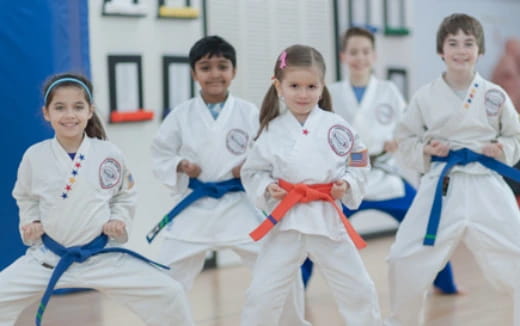 a group of children in karate uniforms