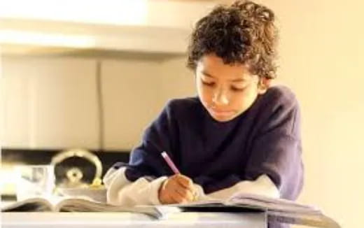 a young boy writing on a book