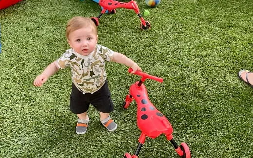 a baby playing with a toy horse