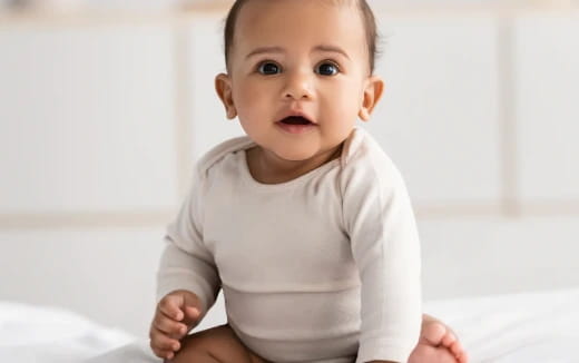 a baby sitting on a white surface