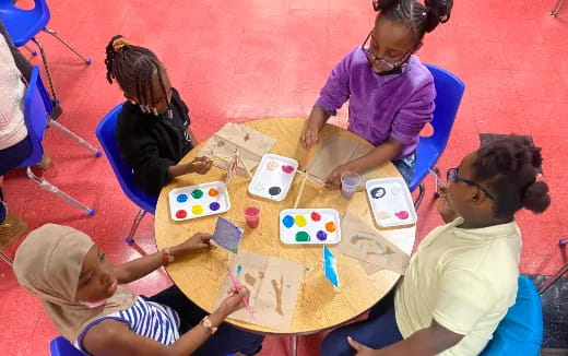a group of people sitting around a table