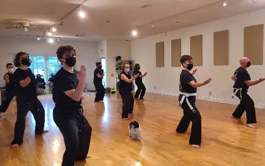 a group of people dancing in a room with a dog