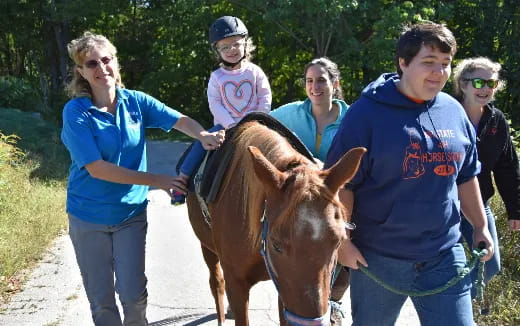 a group of people walking with a horse