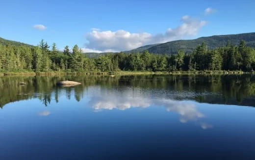 a lake surrounded by trees and mountains