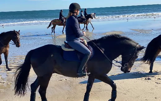 people riding horses on the beach