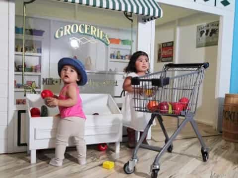 a person and a child pushing a shopping cart