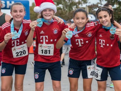 a group of girls wearing red and white shirts and running