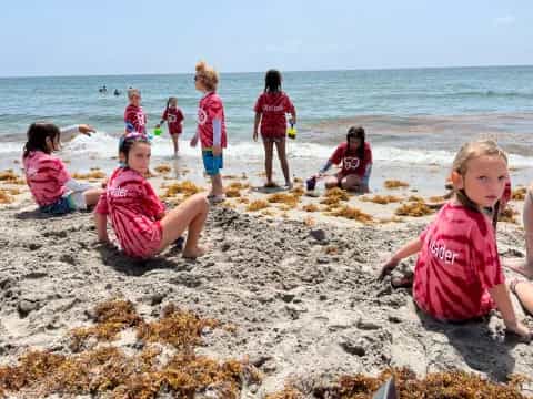 a group of children playing on the beach