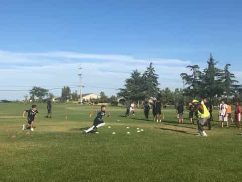 a group of people playing frisbee in a field