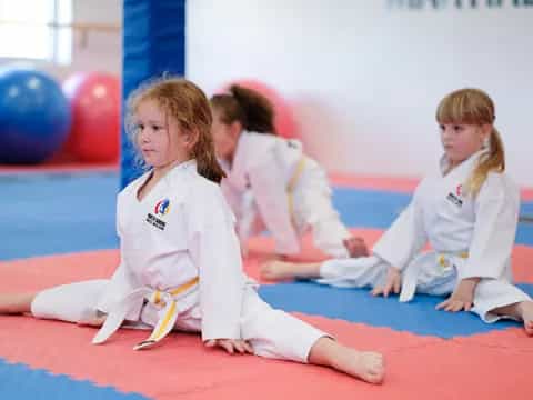 a group of girls in karate uniforms
