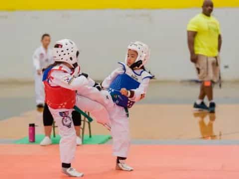 a couple of kids wearing helmets and holding a sword