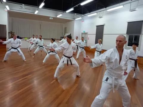 a group of people in karate uniforms