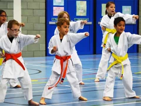 a group of kids in karate uniforms
