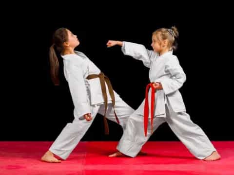 a couple of girls in karate uniforms