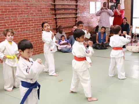 a group of children in karate uniforms