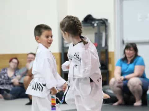 a couple of boys in karate uniforms