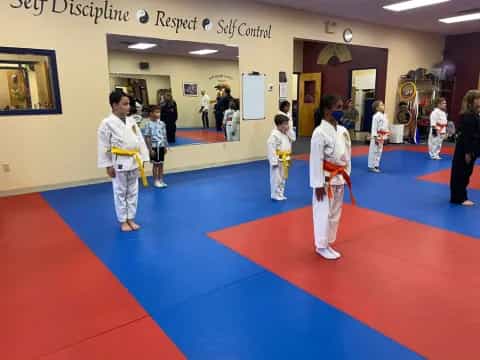 a group of people in karate uniforms