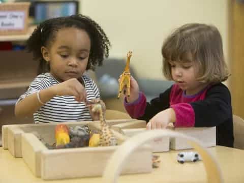 a couple of young girls playing with toys