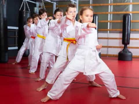 a group of children in karate uniforms
