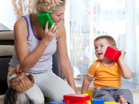 a woman and a child playing with toys