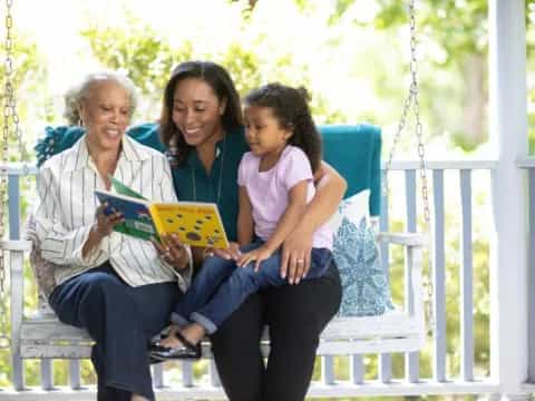a group of women sitting on a swing