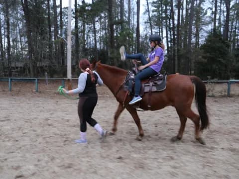 a person riding a horse with a girl on the back